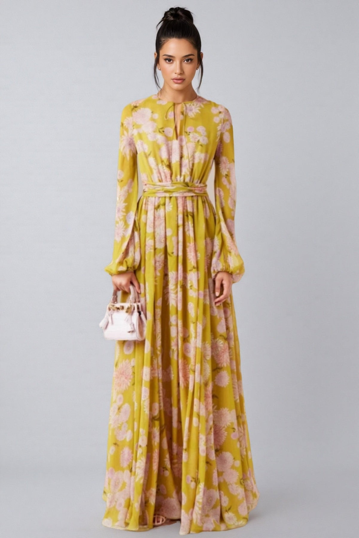 Floral Chiffon Keyhole Neck Lantern Sleeve Tie Waist Maxi Dress