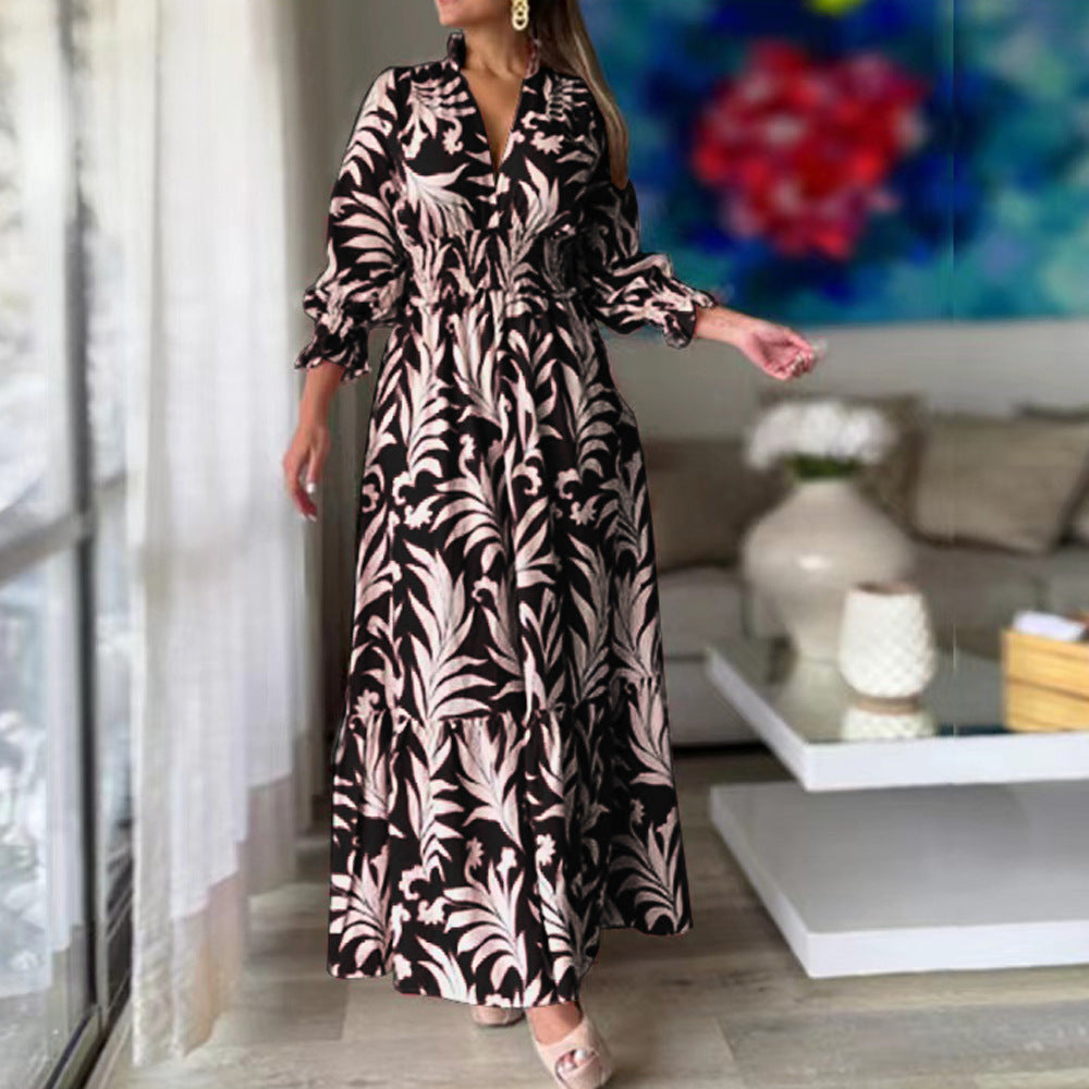 Leaf Print V-Neck Puff Sleeve Smocked Waist Tiered Maxi Dress 4