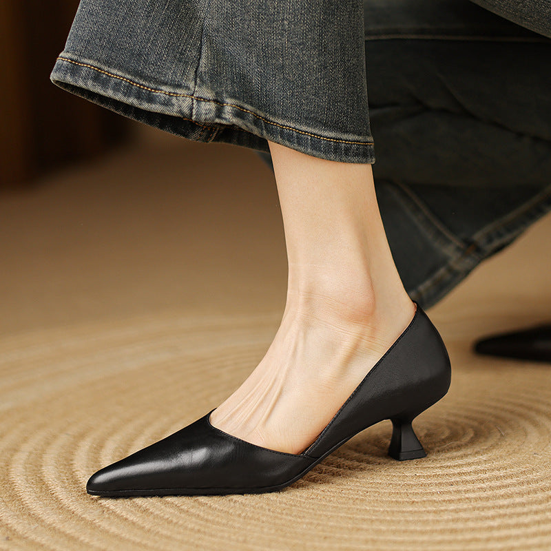 Pointed Toe Slip On Flared Kitten Heel Pumps