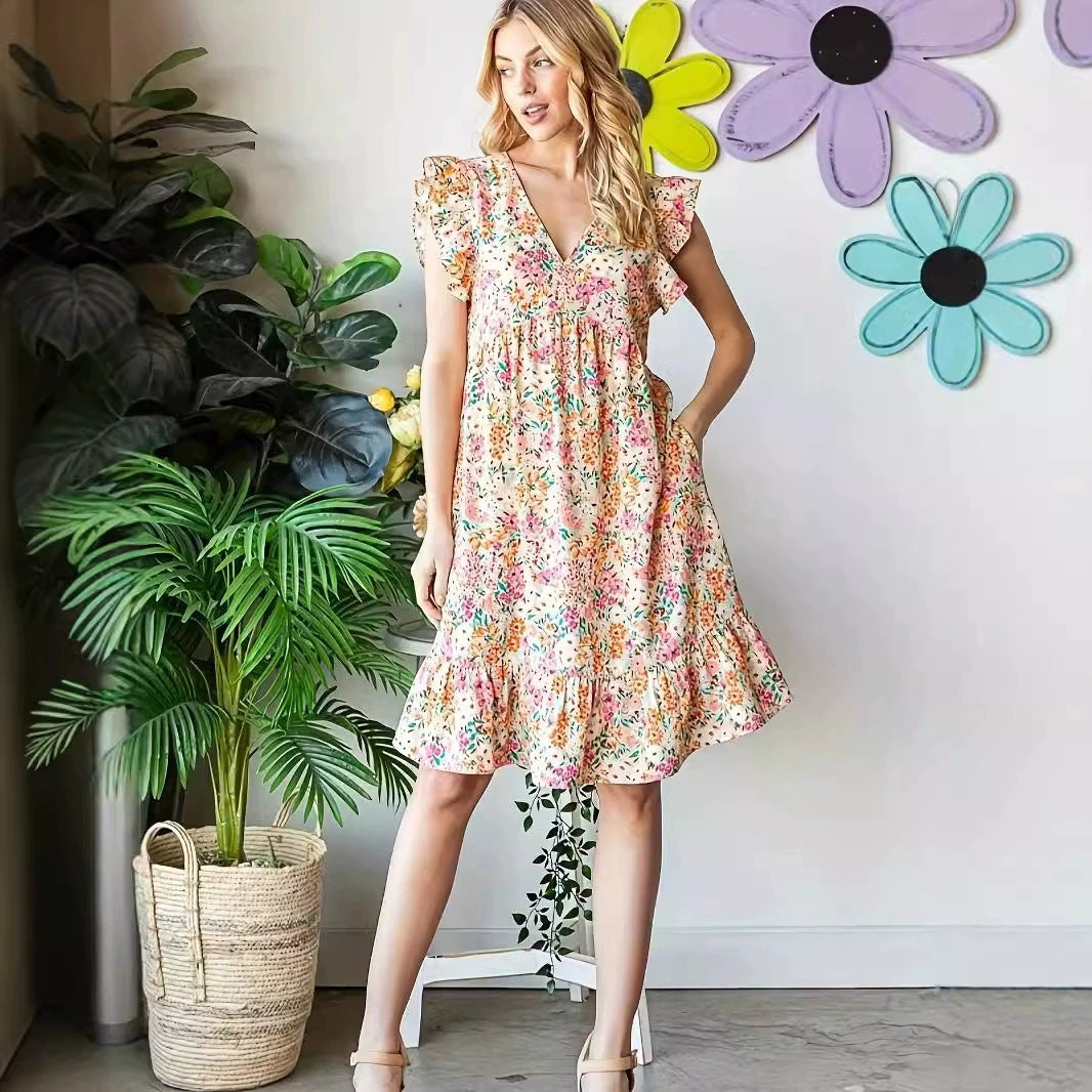Floral V-Neck Flutter Sleeve Tiered Mini Dress 2