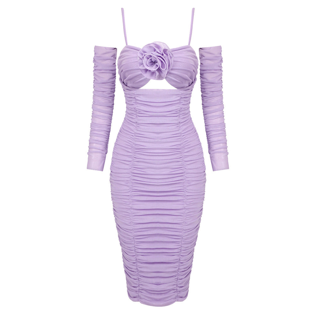 Ruched Mesh Rosette Cut Out Cami Bodycon Midi Dress with Sleeves 2