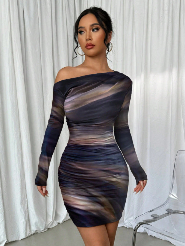 Stitch sheer mesh see through abstract off shoulder mini dress 3