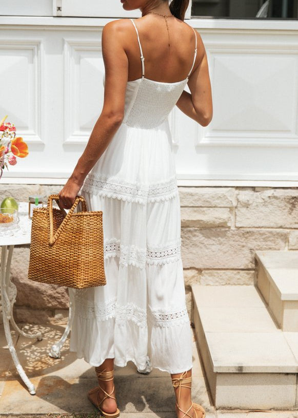 Aurelia Lace-Trim Maxi Dress White Smocked Sundress with Adjustable Straps