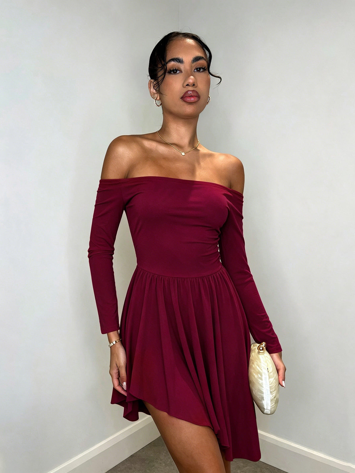 Off Shoulder Long Sleeve Fit and Flare Asymmetric Hem Mini Dress 5