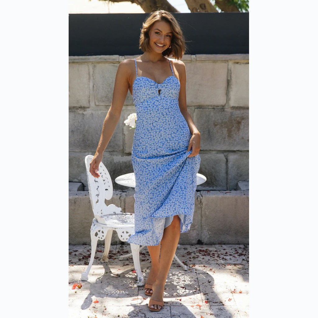 Floral Print Sweetheart Spaghetti Strap Keyhole Fit and Flare Midi Summer Dress
