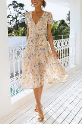 Floral V-Neck Short Sleeve Wrap Midi Dress Summer 3