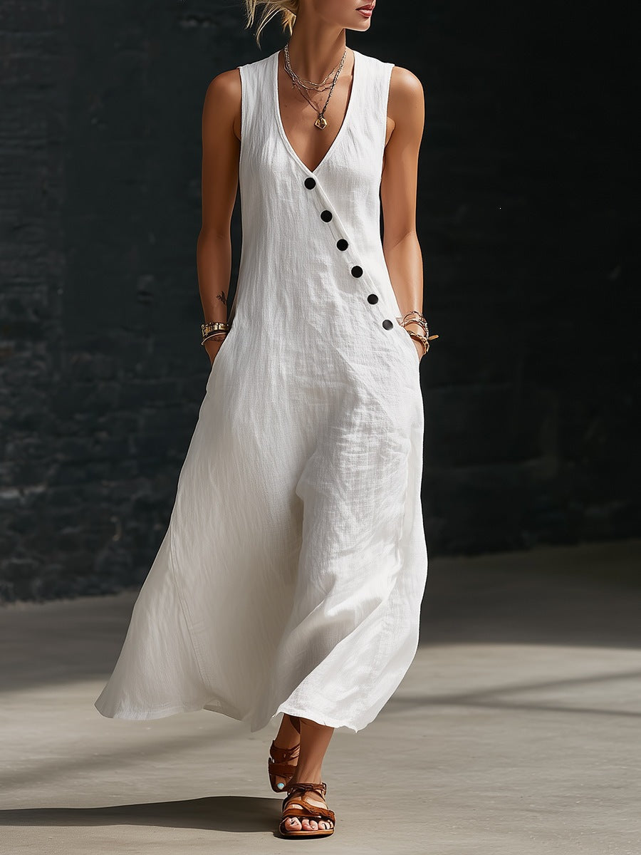 V-Neck Sleeveless Button Front Linen Maxi Dress 6