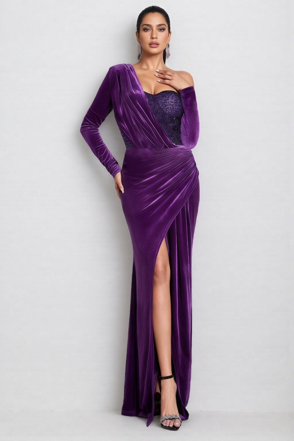 Velvet One Sleeve Draped Sequin Bodice High Split Maxi Gown 3