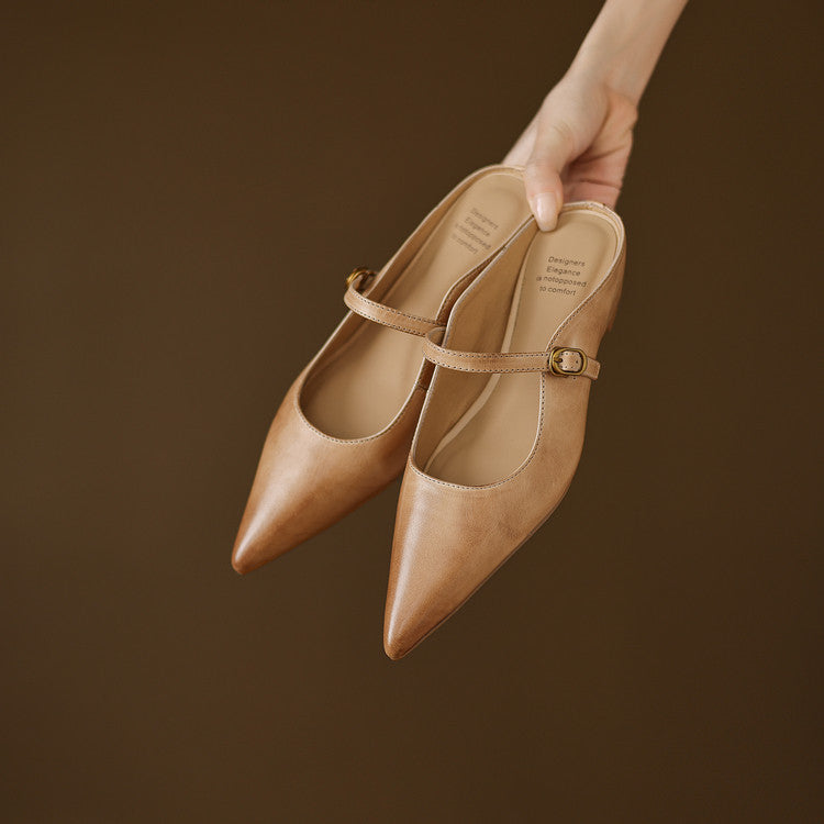 Pointed Toe Ankle Strap Mary Jane Flat Mules