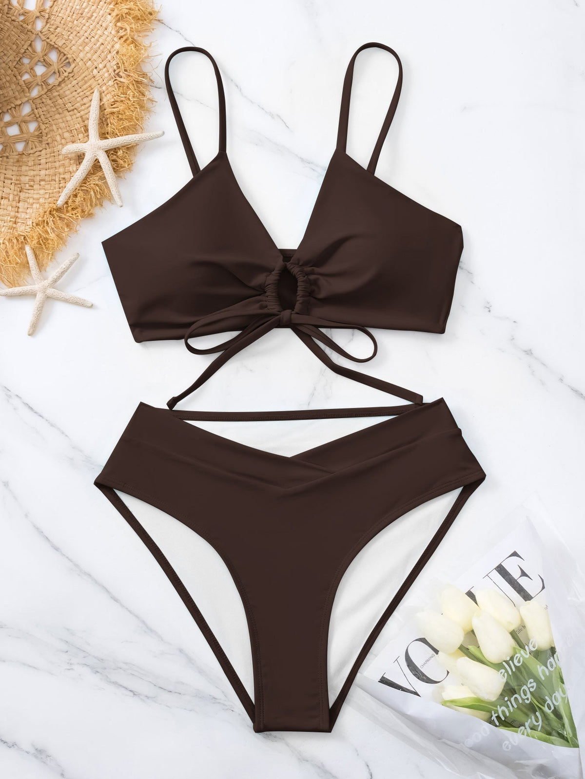 Tie Front Keyhole High Waist Bikini Set
