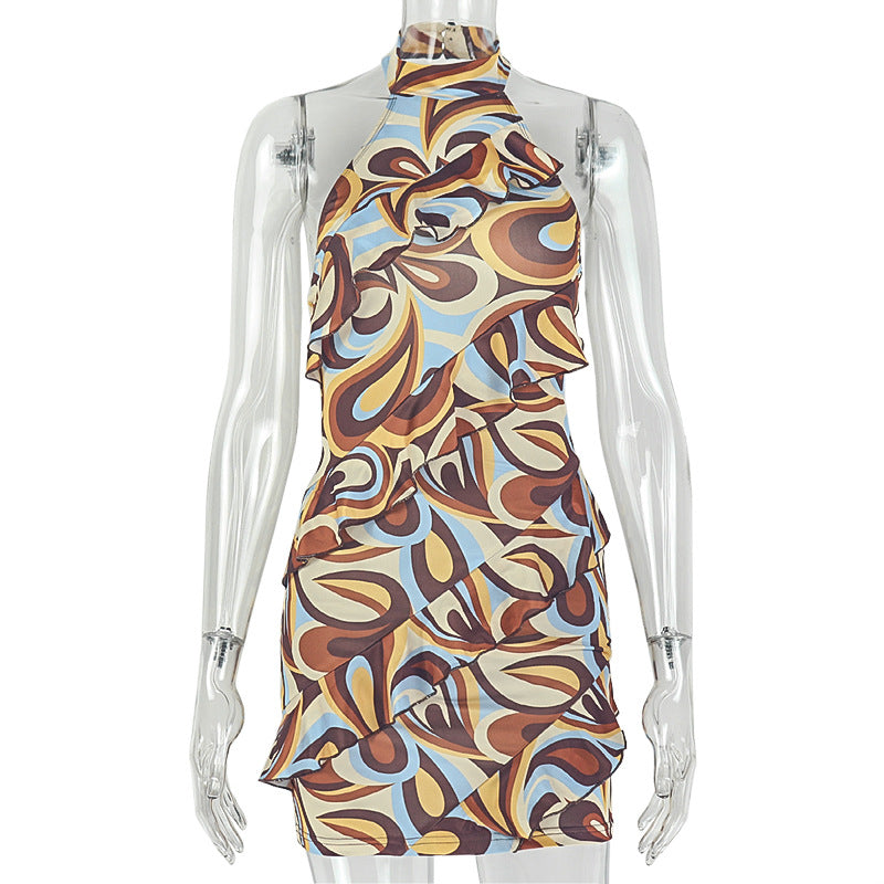 Abstract Swirl Print Halter Neck Ruffle Sleeveless Bodycon Mini Dress 4