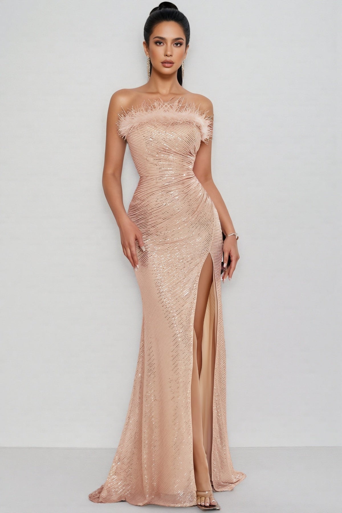 Strapless Feather Trim Glitter Ruched High Split Mermaid Gown