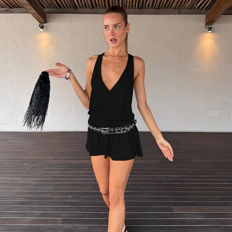 Deep V-Neck Sleeveless Wrap Front Drop Waist Flared Mini Dress 3