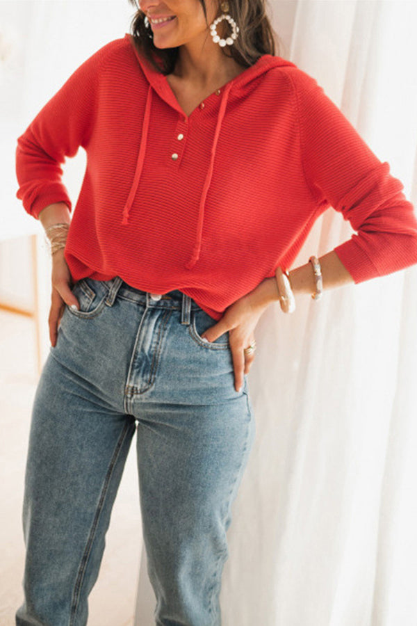 Button Neck Knit Hoodie