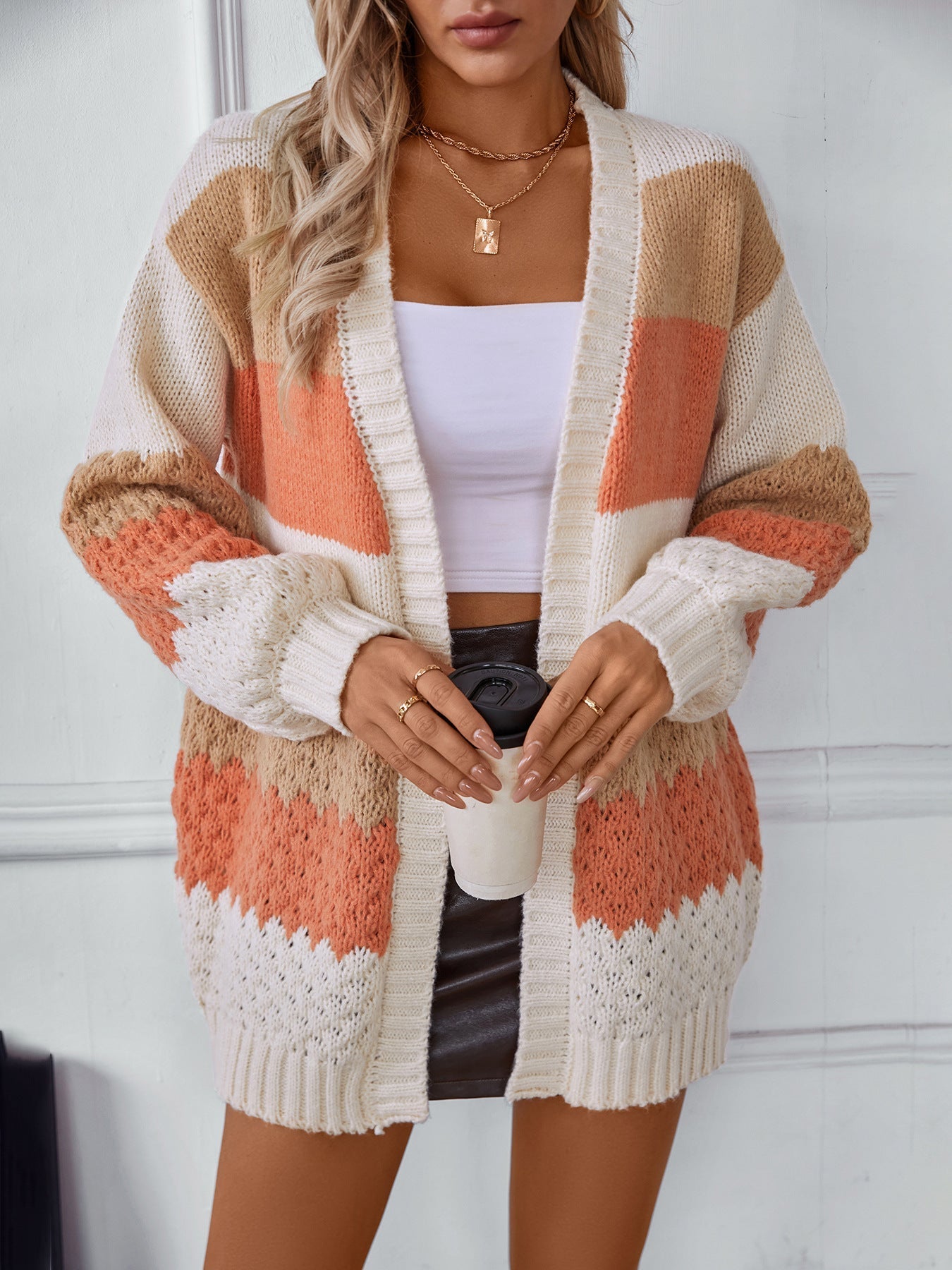 Contrast color wide striped lantern sleeve knitted cardigan