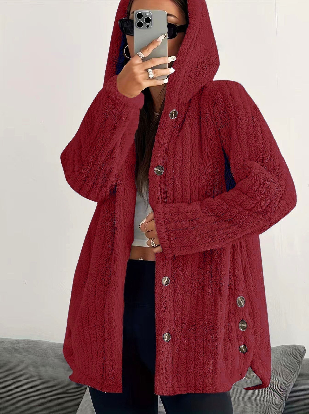 Hooded Button Front Fleece Cardigan Coat