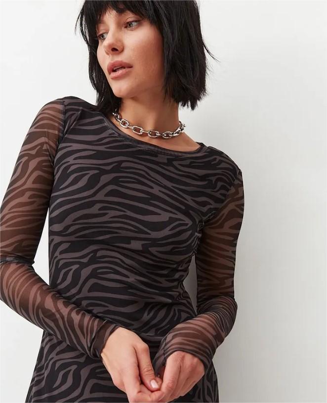 Leopard Print Mesh Long Sleeve Crew Neck Midi Dress 7