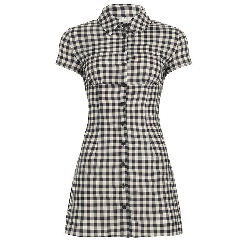 Gingham Plunge Collar Short Sleeve Button Front Shirt Mini Dress 5