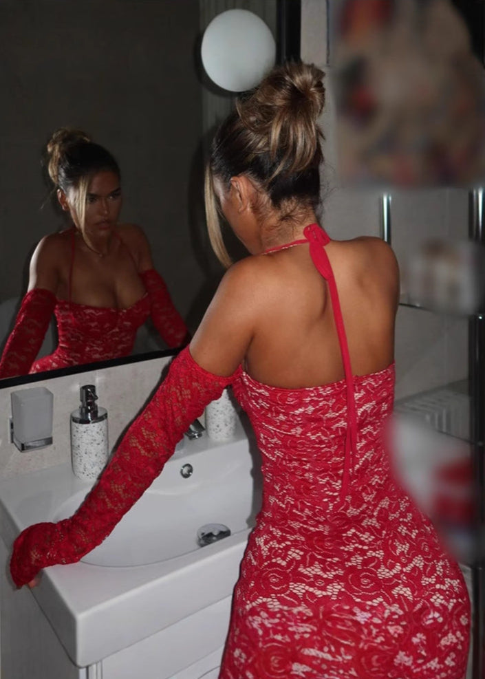 Lace Halter Neck Long Sleeve Bustier Bodycon Mini Dress
