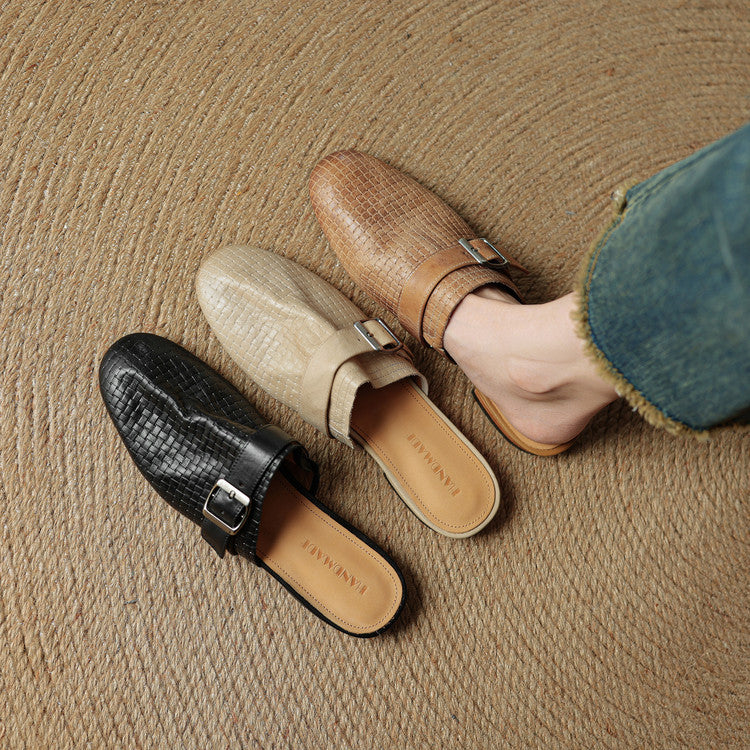 Croc Print Square Toe Buckle Flat Mules