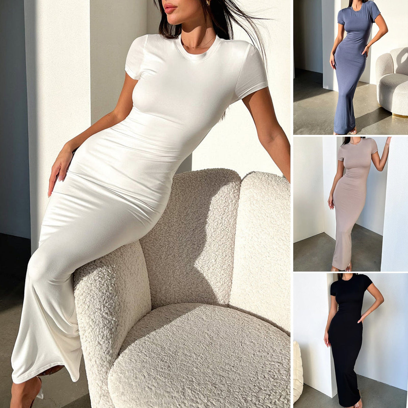 Crew Neck Short Sleeve Ruched Bodycon Maxi Dress 6