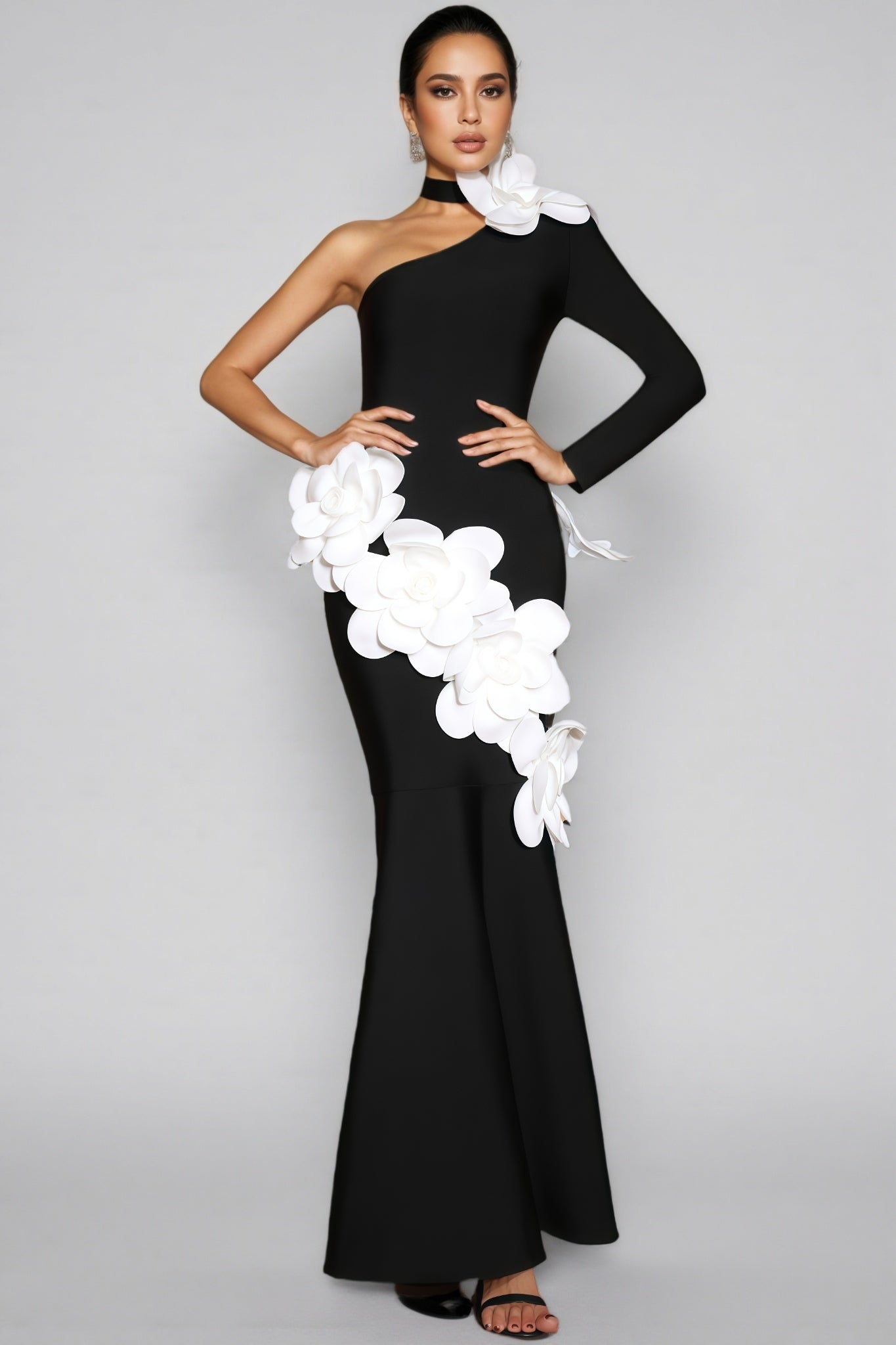 Zellk One Shoulder 3D Floral Bandage Maxi Dress - View 2