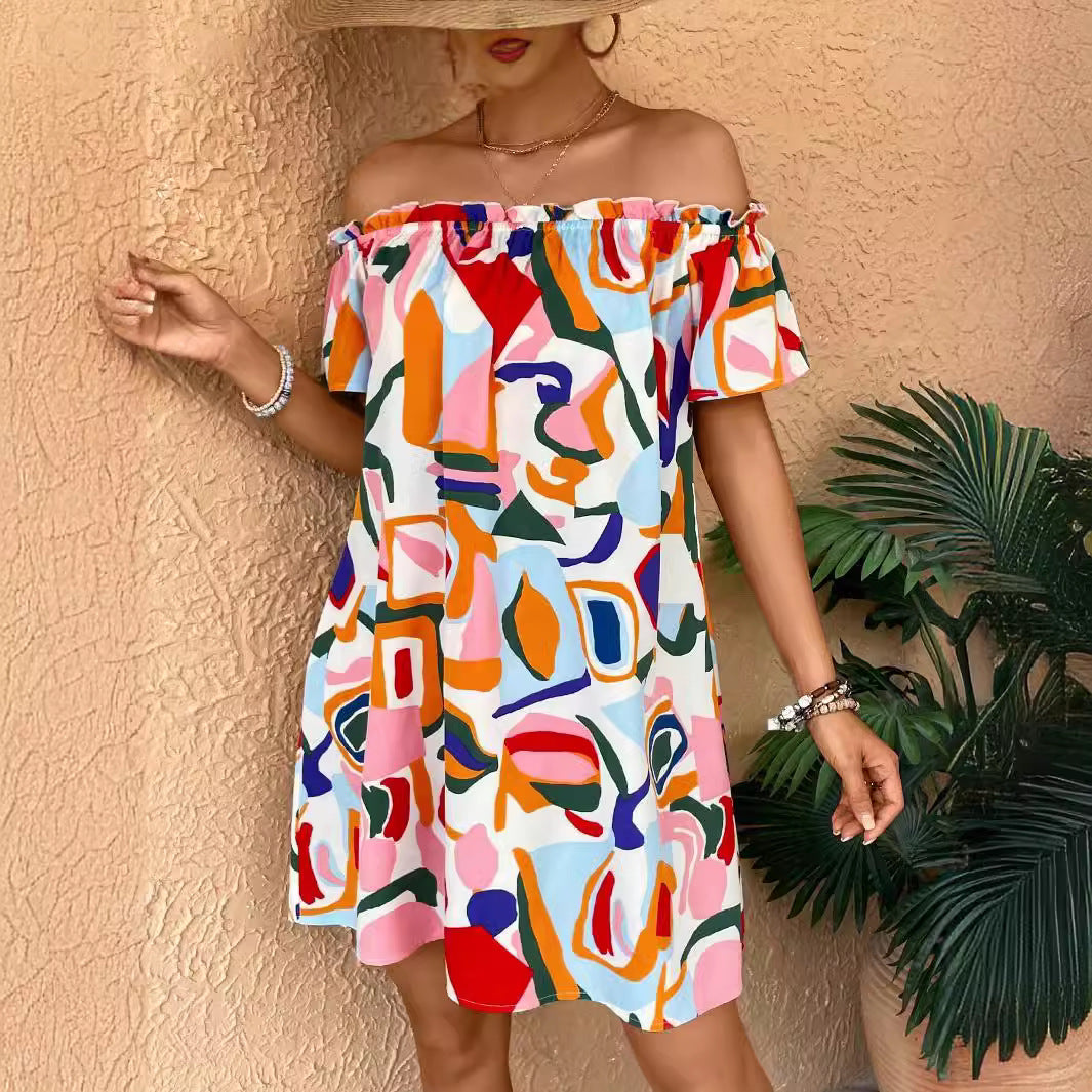 Abstract Geometric Print Off Shoulder Short Sleeve Ruffle Neck Swing Mini Dress 4