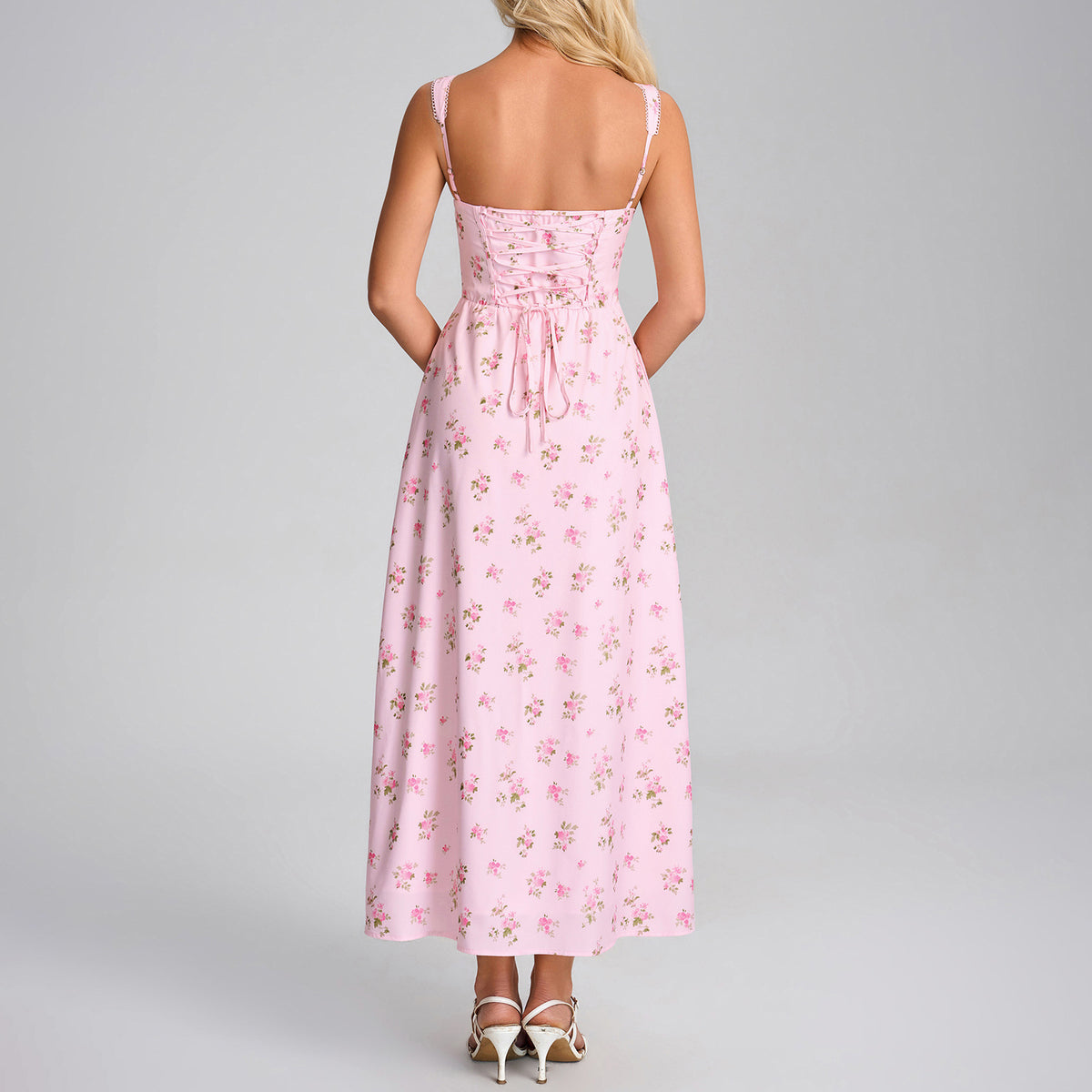Summer Printing Slip Dress Sexy Square Collar Backless Lace up Slim Vacation Dress