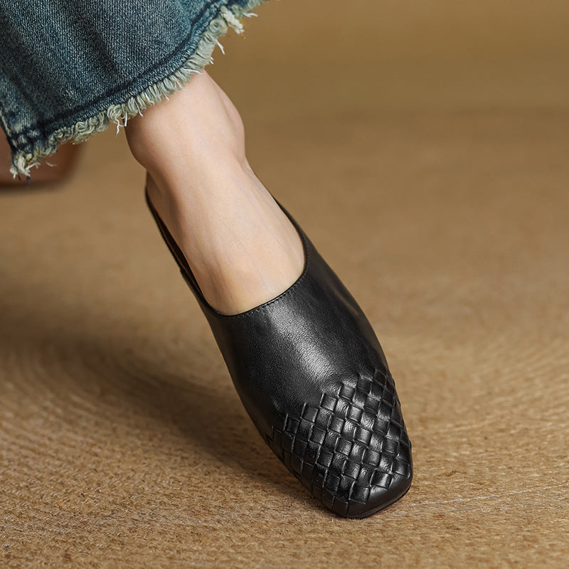 Square Toe Woven Detail Flat Leather Mules