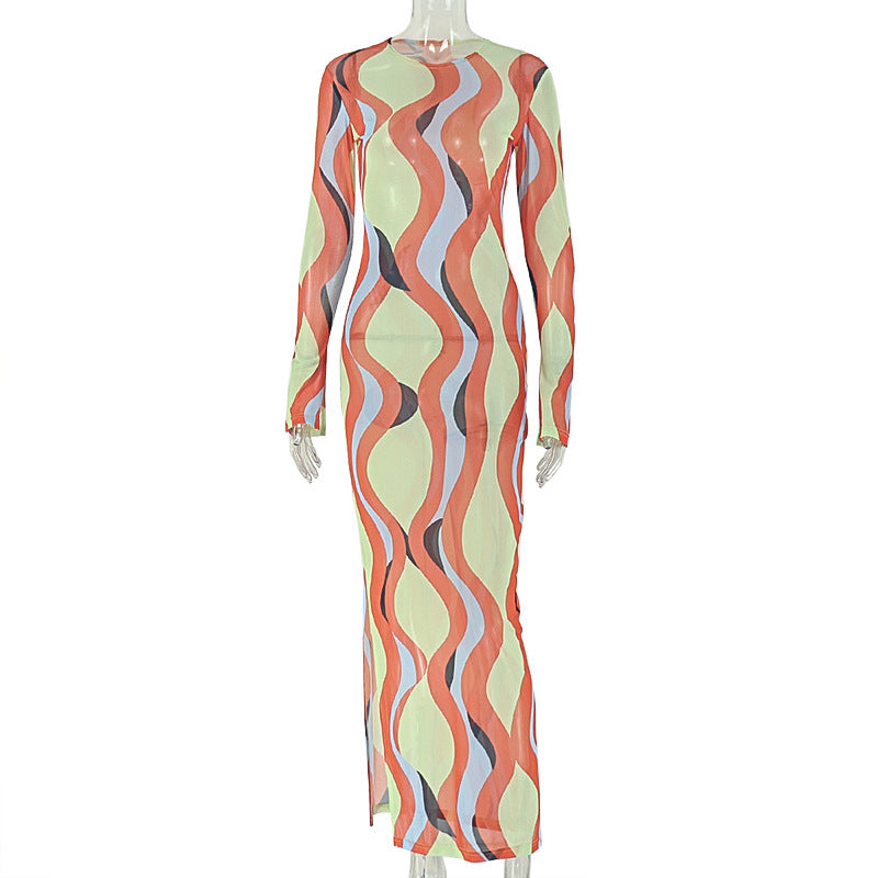Swirl Print Mesh Crew Neck Long Sleeve High Split Bodycon Maxi Dress 2