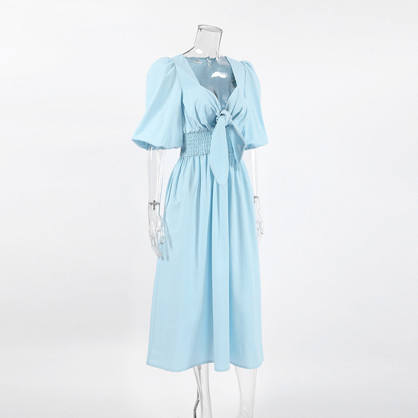 Sweetheart Puff Sleeve Tie Front Smocked Midi Dress Summer 6