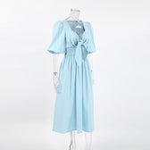 Sweetheart Puff Sleeve Tie Front Smocked Midi Dress Summer 6