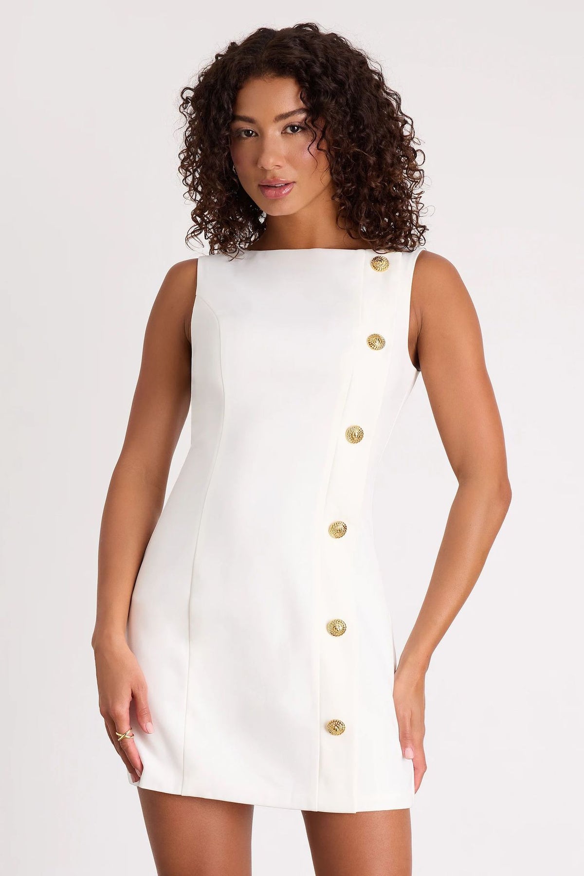 Boat Neck Sleeveless Side Button Sheath Mini Dress 3