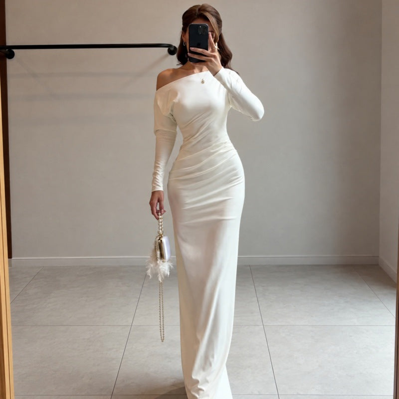 Women Clothing Solid Color Diagonal Collar Long Sleeve Slim Fit Slit Dress