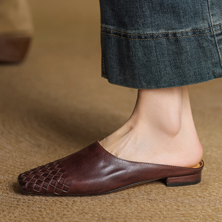 Woven Square Toe Flat Mules