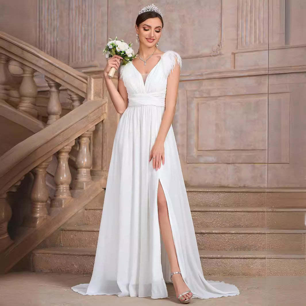 Solid Color V neck Backless Velvet Collar Chiffon Split Elegant Slim Fit Cocktail Evening Dresses