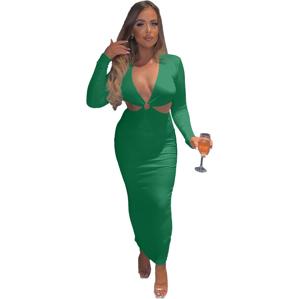 Deep V-Neck O Ring Cut Out Long Sleeve Bodycon Maxi Dress 4