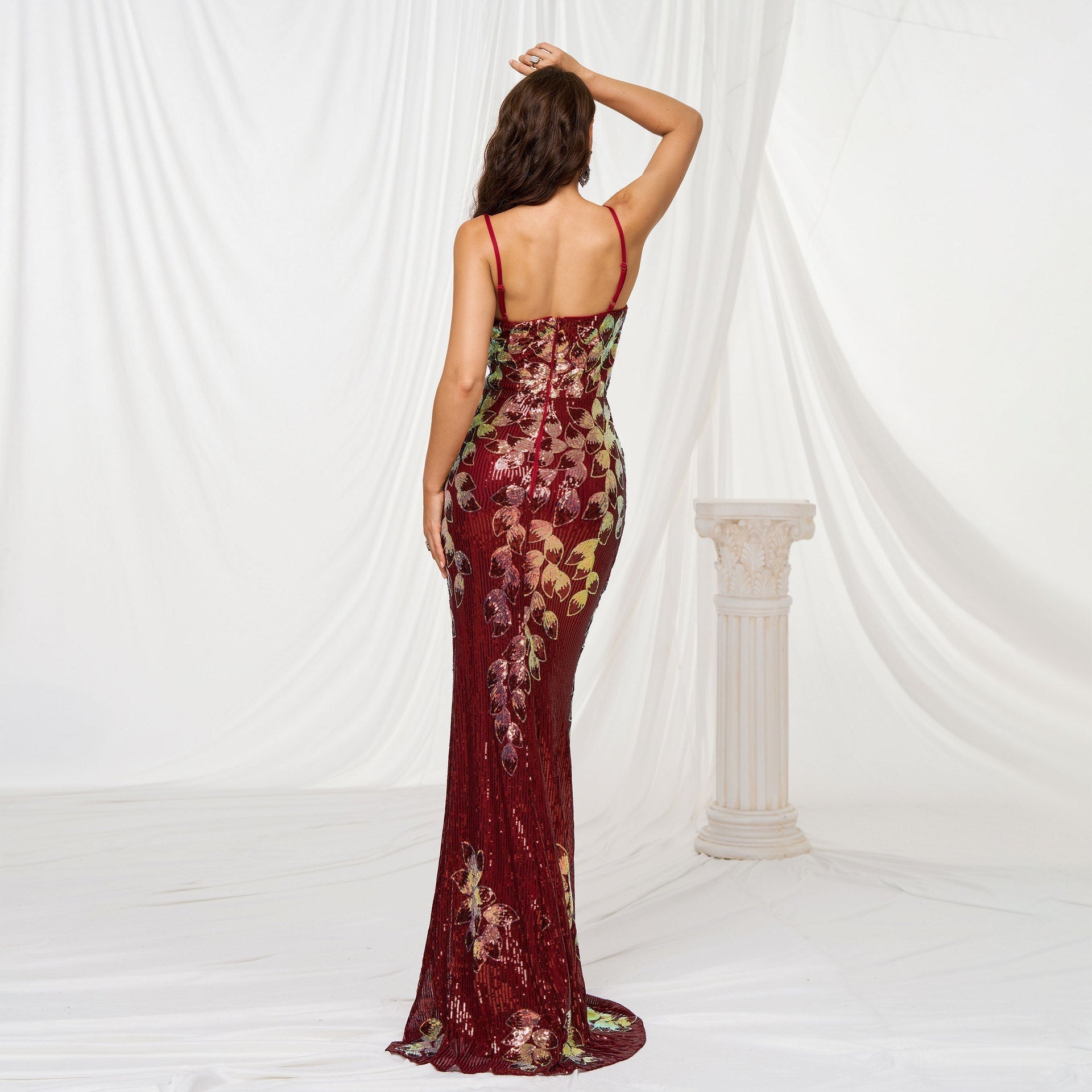 Sequin Floral Spaghetti Strap Square Neck Mermaid Evening Gown