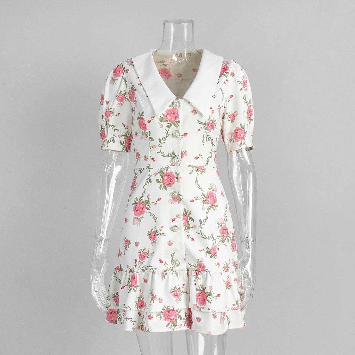 Floral Puff Sleeve Collar Button Front Ruffle Mini Dress 6