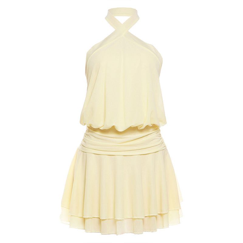 Crossover Halter Neck Sleeveless Banded Waist Tiered Ruffle Mini Dress 2