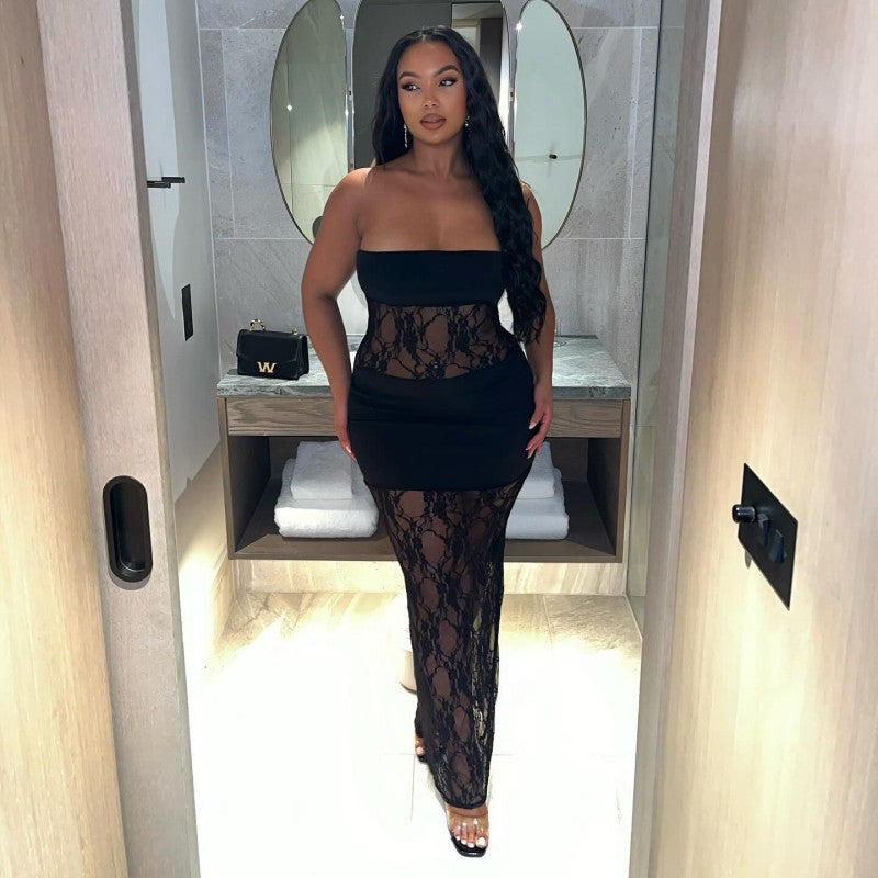 Summer Solid Color Sleeveless Sexy Lace Stitching Bandeau Slim Fit Dress