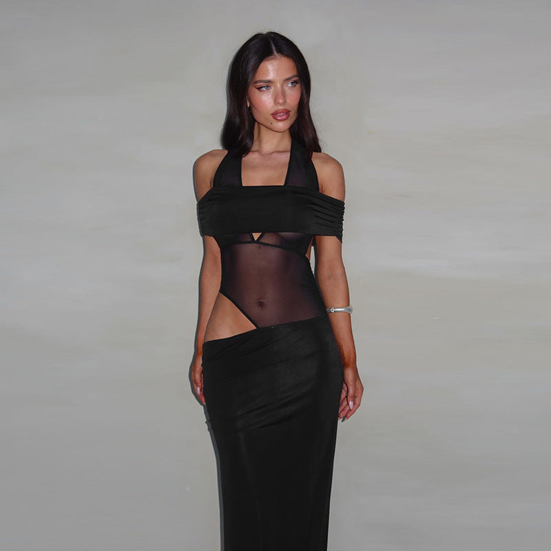 Summer off Shoulder Halter Mesh Hollow Out Cutout Waist Baring Slim Fit Formal Dress Women