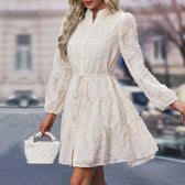 Textured Long Sleeve Button Front Tiered Mini Dress 10