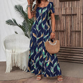 Leaf Print Scoop Neck Short Sleeve Maxi Dress 2