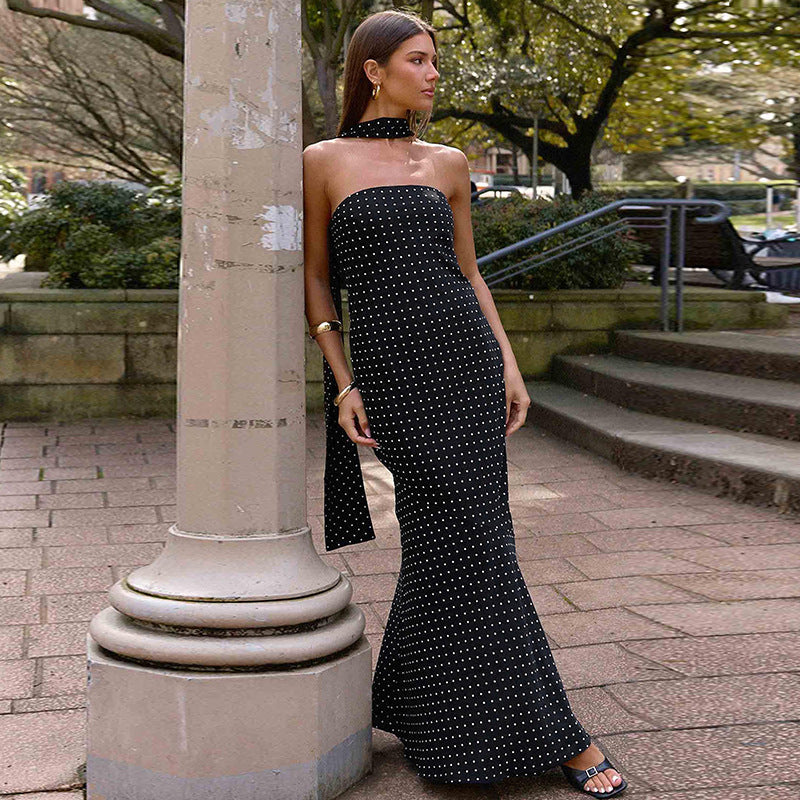 Women Clothing Winter Ribbon Polka Dot Graceful Fashionable Tube Top Dress Sexy Slim Dress
