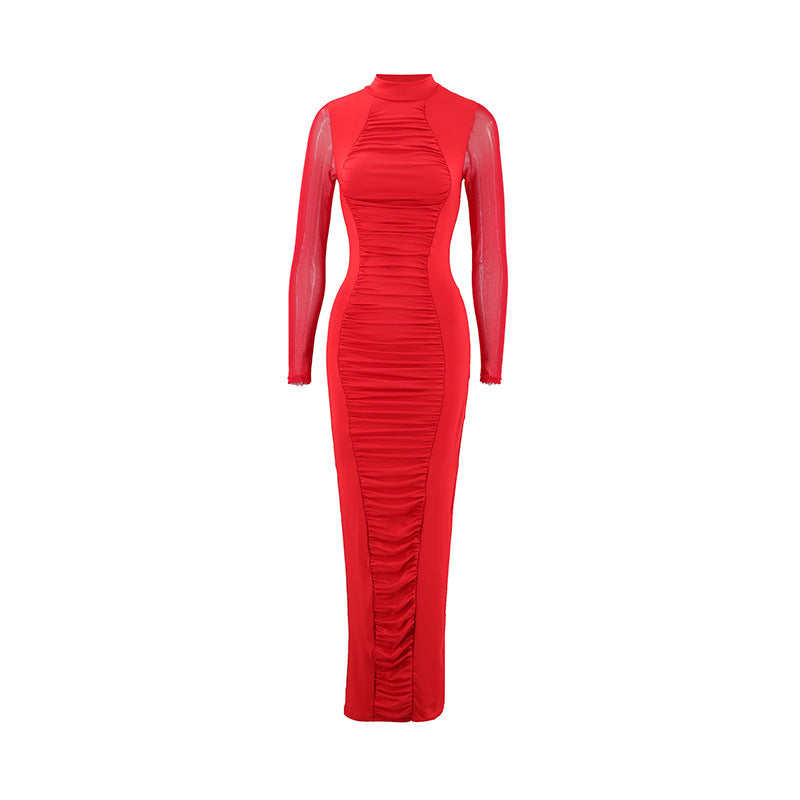 Mesh Mock Neck Long Sleeve Ruched Bodycon Maxi Dress 5