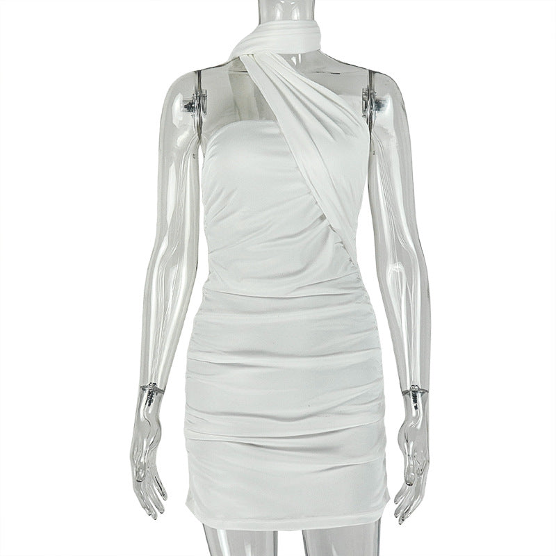 Asymmetric Halter Neck Scarf Wrap Ruched Bodycon Mini Dress 5