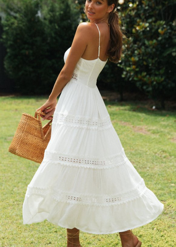 Aurelia Lace-Trim Maxi Dress White Smocked Sundress with Adjustable Straps