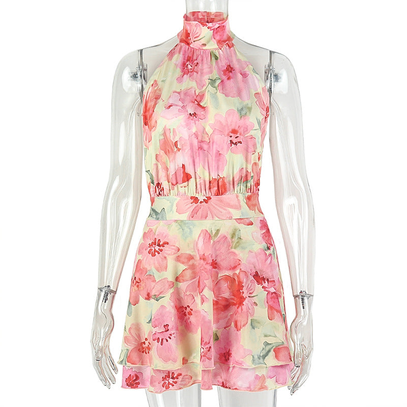Floral Print Halter Neck Sleeveless Belted Waist A-Line Mini Dress 5