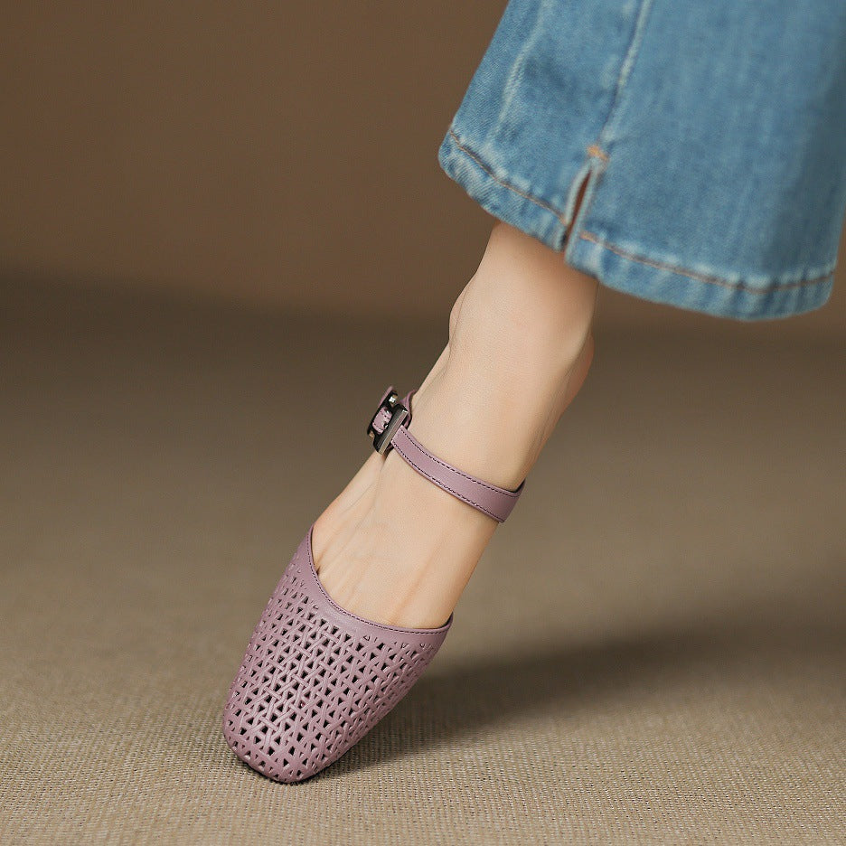 Square Toe Cut Out Buckle Block Heel Mules